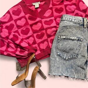 Sincerely Jules Pink and Red Heart V-Neck Cropped Sweater